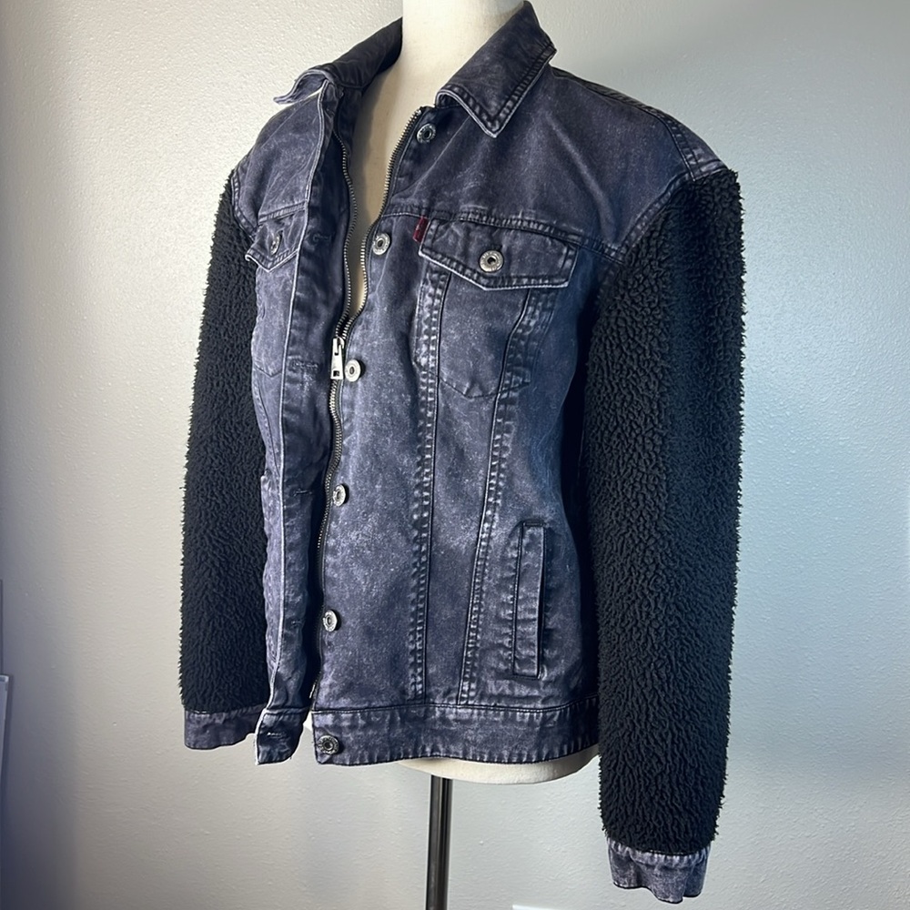LEVIS Denim Sherpa Trucker Jacket Women SM Black Acid Wash Cotton Zip Up‎ Snap - Picture 4 of 17